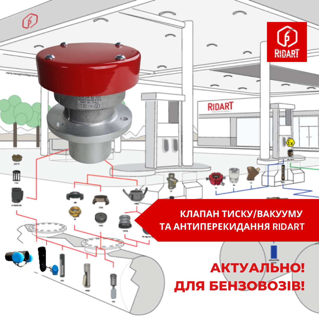 Актуально для власників бензовозів: дихальний клапан Ridart для захисту від витікання палива.